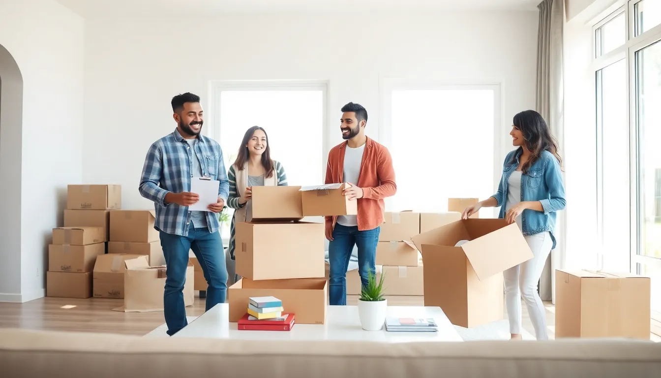 a diverse family happily unpacking boxes in their new home.