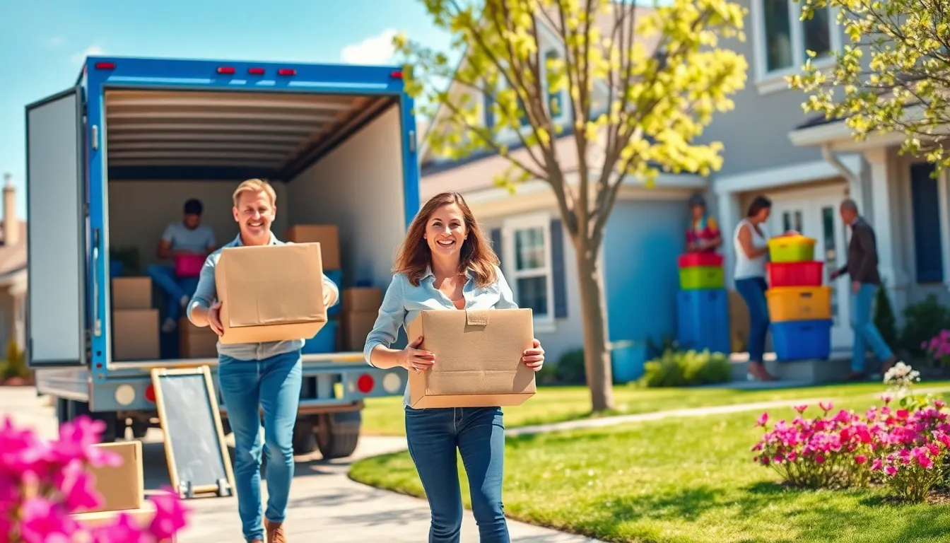 diverse group moving boxes on National Moving Day in a sunny neighborhood.