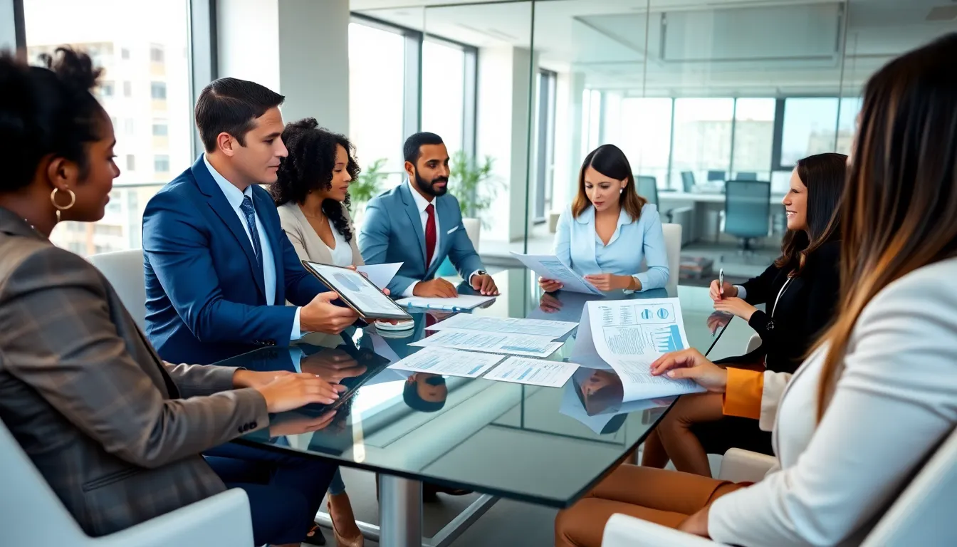 diverse real estate professionals discussing brokerage fees in a modern office.