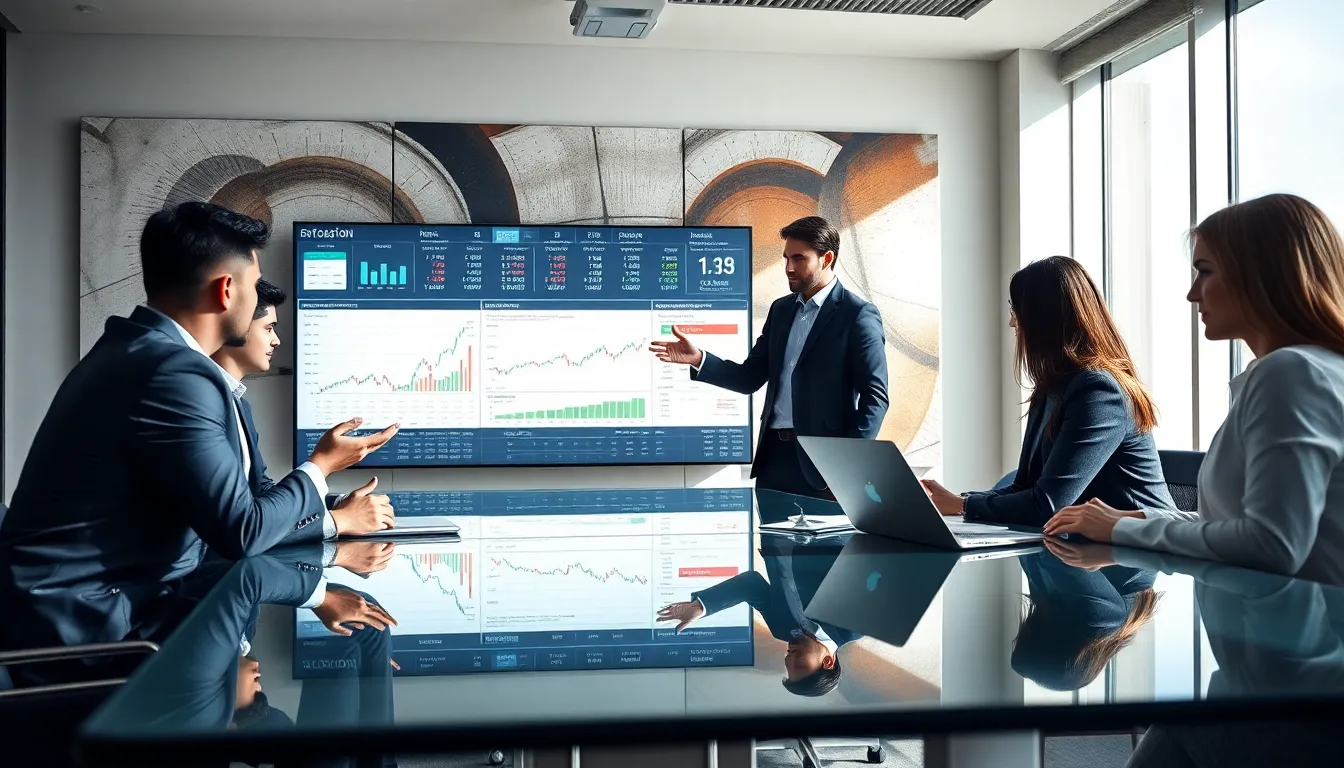 diverse financial professionals discussing prime brokerage services in a modern office.