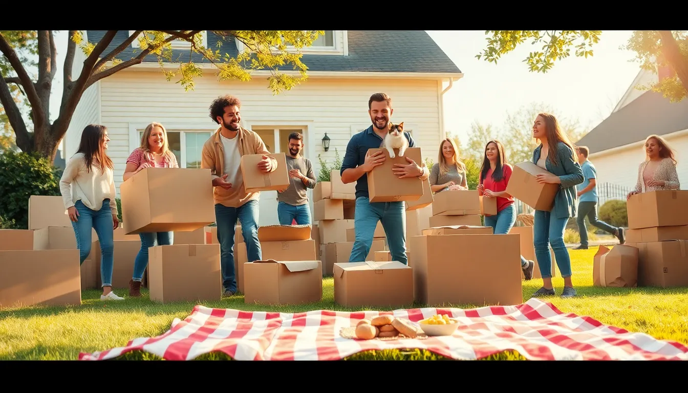 friends enjoying a chaotic moving day with boxes and a cat.