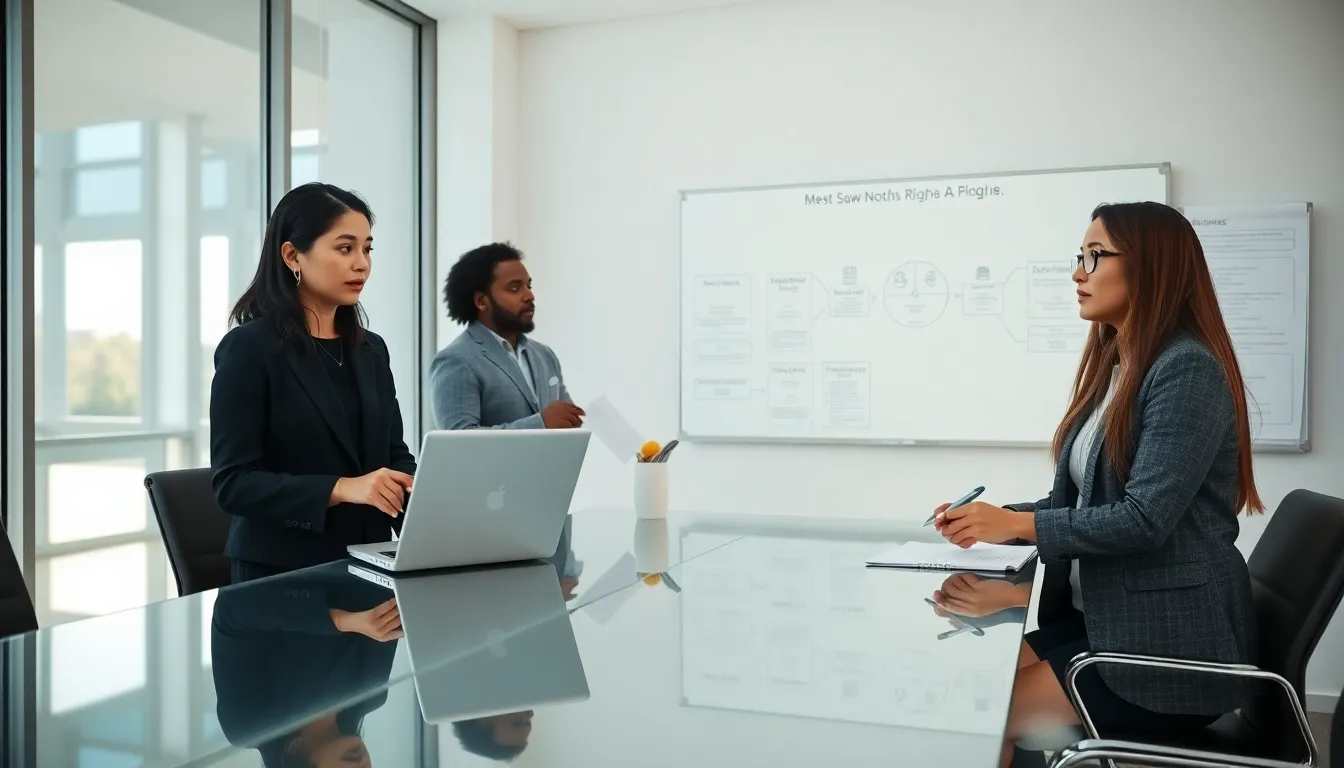 diverse professionals discussing tenant rights in a modern office.