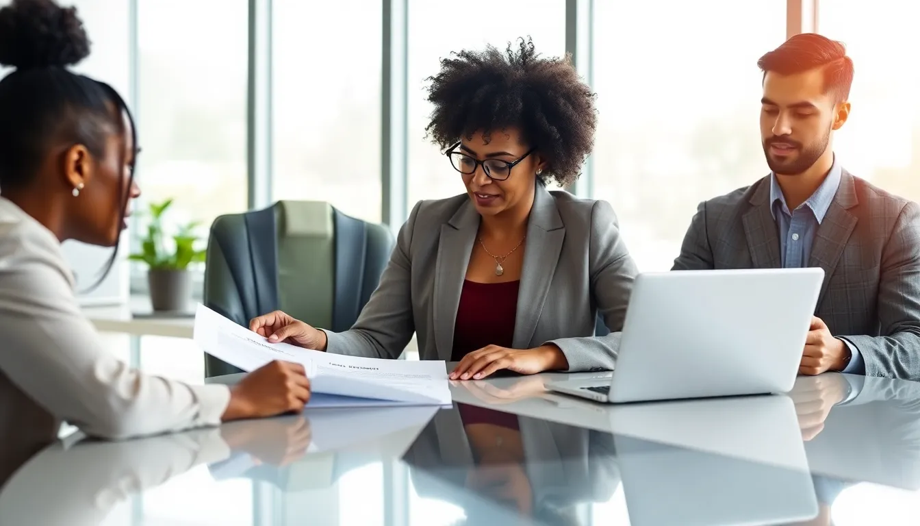 Diverse group discussing tenant rights at a modern office table.