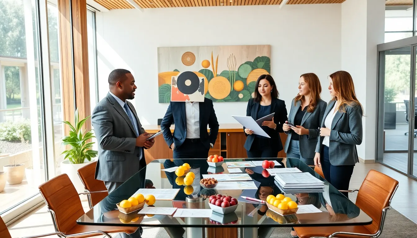 diverse professionals discussing orchard brokerage in a modern office.