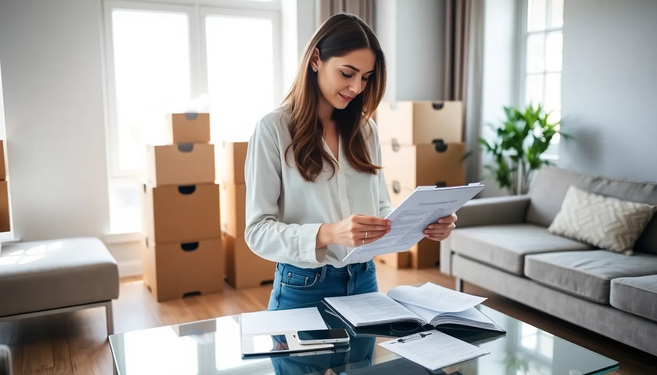 woman preparing a moving checklist in a bright living room.