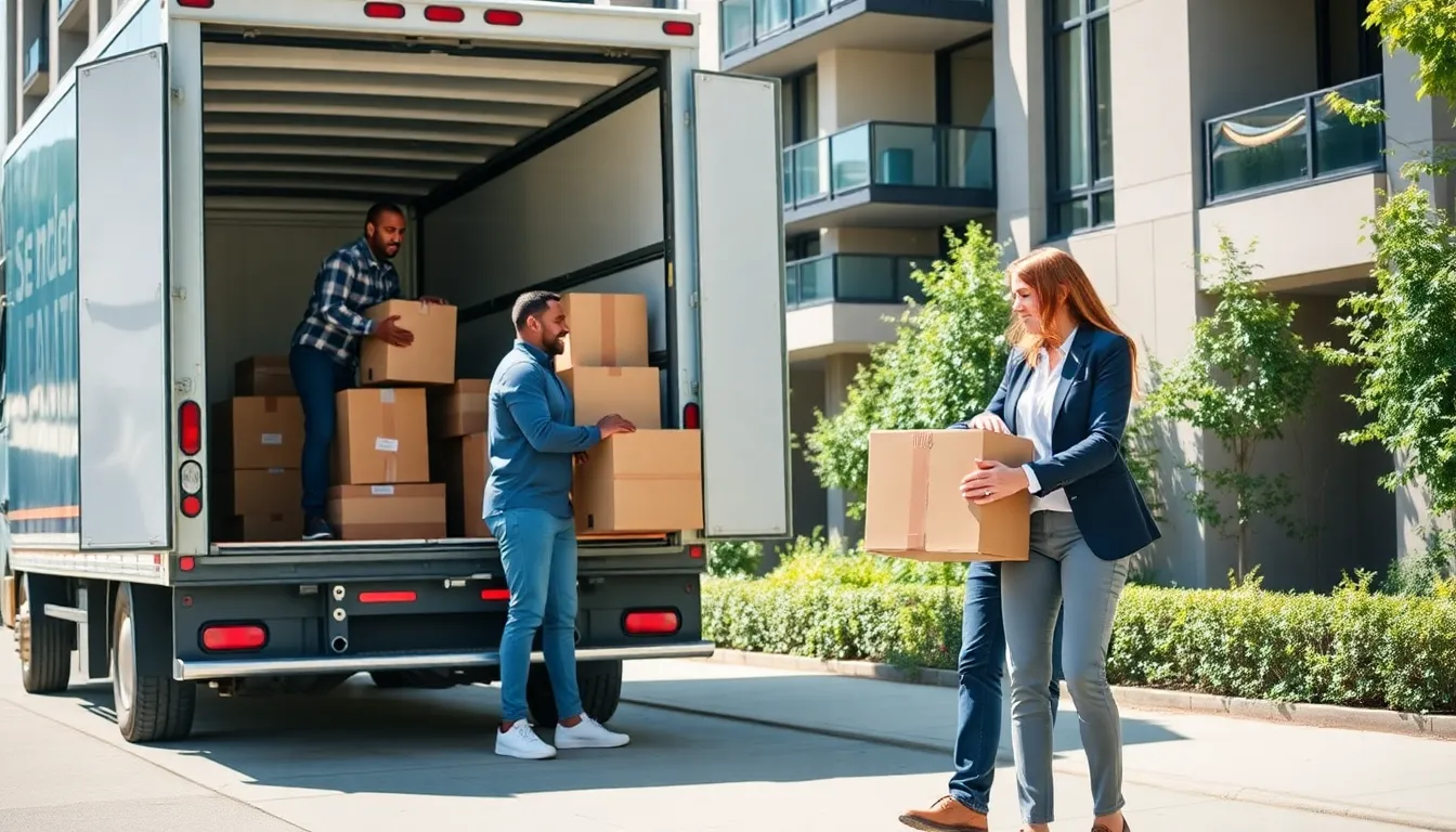 moving team efficiently loading a truck outside an apartment building.