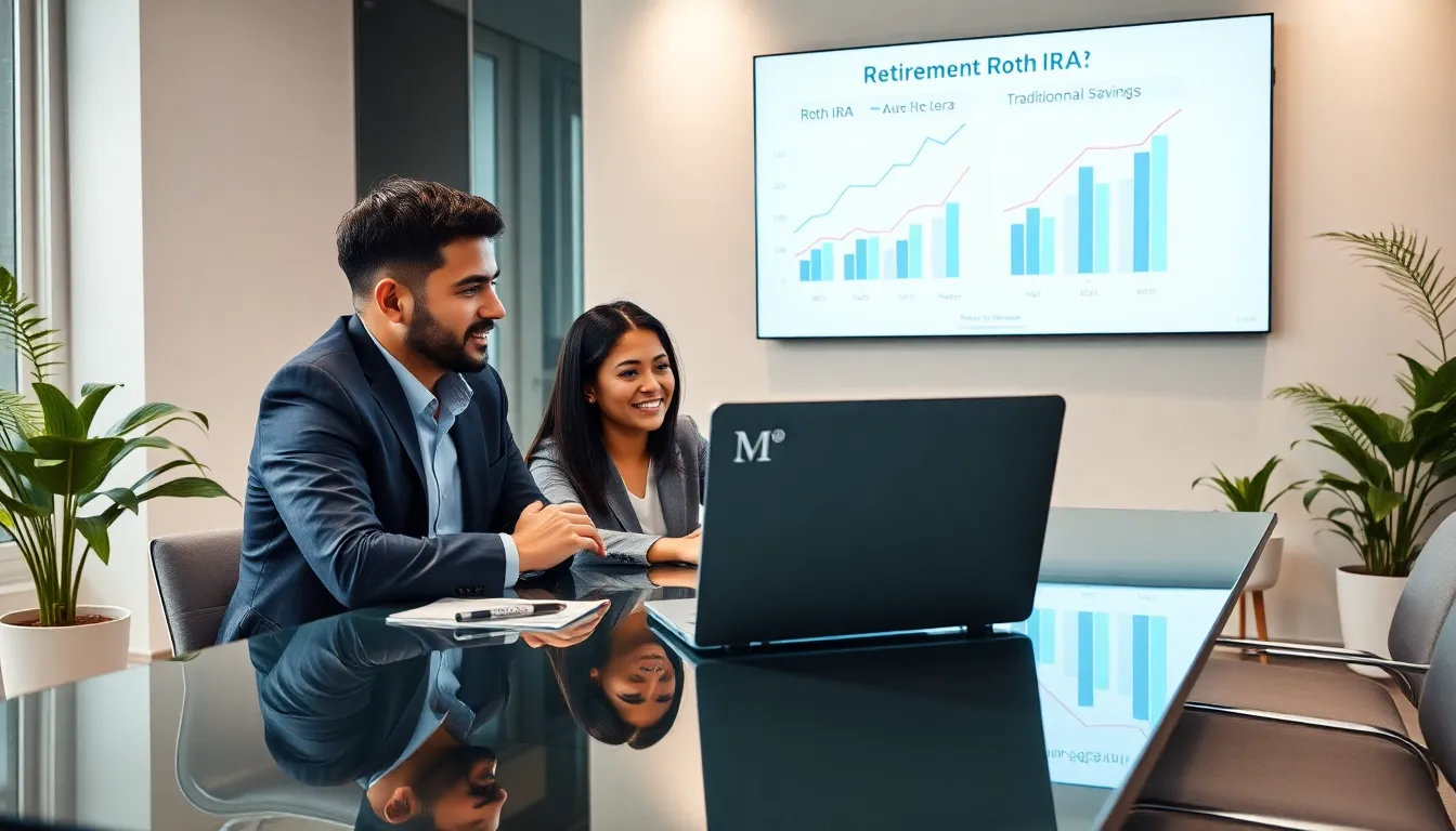 diverse advisors discussing Roth IRA benefits in a modern office.