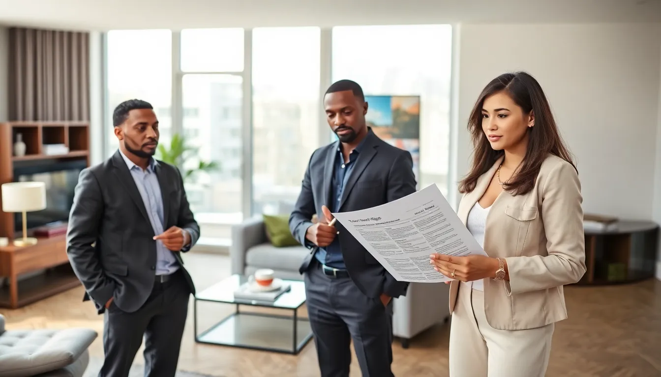 diverse tenants discussing their rights in a modern apartment.
